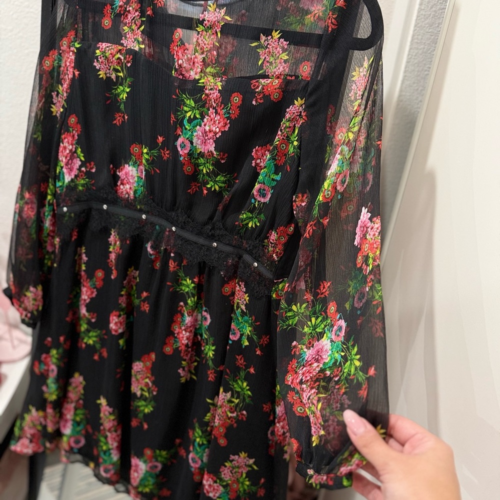 Zara Black Sheer Dress with Floral Accents